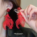 Red Translucent Fish Drop Clip Earrings with Round Stud Tops view 1