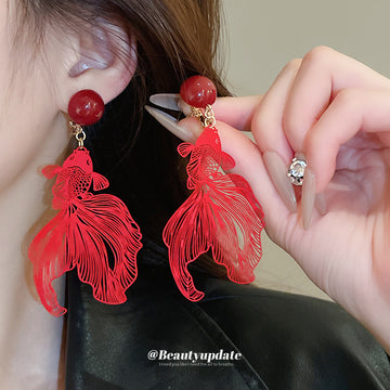 Red Translucent Fish Drop Clip Earrings with Round Stud Tops