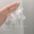 White Sheer Fabric Flower Drop Earrings Pearl Tassels view 4