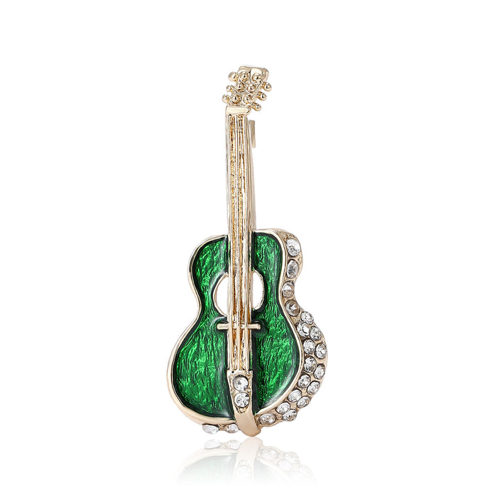 Enamel Guitar Brooch Crystal Edge Black and Green Body