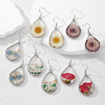 Silver Tone Teardrop Pressed Flower Resin Hook Earrings