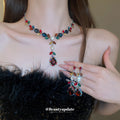 Red Teardrop And Multicolor Leaf Crystal Necklace And Earrings In Silver Tone view 1