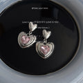 Silver Pink Glass Crystal Heart Drop Earrings Double Heart view 4