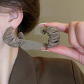 Burgundy Pleated Leopard Print C Hoop Stud Earrings view 2