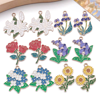 Colorful sunflower charms arranged on a light background