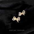 Gold Tone Double Layer Bow Clear CZ Pave Stud Earrings view 4