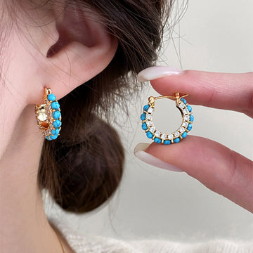 Turquoise Beaded Hoop Earrings with Gold Tone Frames