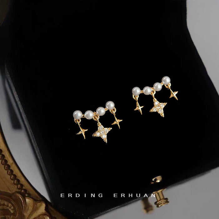 Gold Pearl Bar Star Crystal Drop Stud Earrings Pair