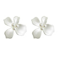 White Painted Flower And High Luster Pearl Stud Earrings view 5