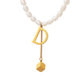 White Pearl Letter D Cube Tassel Pendant Gold Necklace view 5