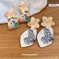 Wood And Printed Flower Wing Drop Stud Earrings Fashion Jewelry view 2