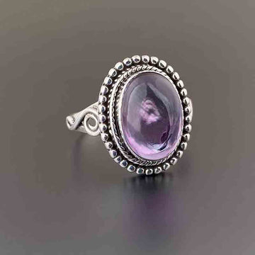 Purple Oval Cabochon Beaded Silver Tone Ring Sizes 6-10