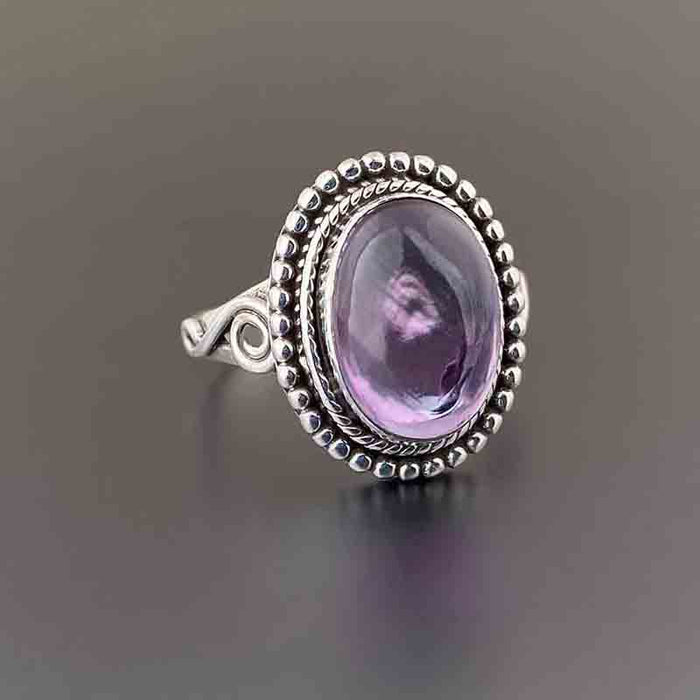 Purple Oval Cabochon Beaded Silver Tone Ring Sizes 6-10