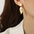 Gold Geometric Drop Earrings Watch Face Shell Crystal Stripe view 9