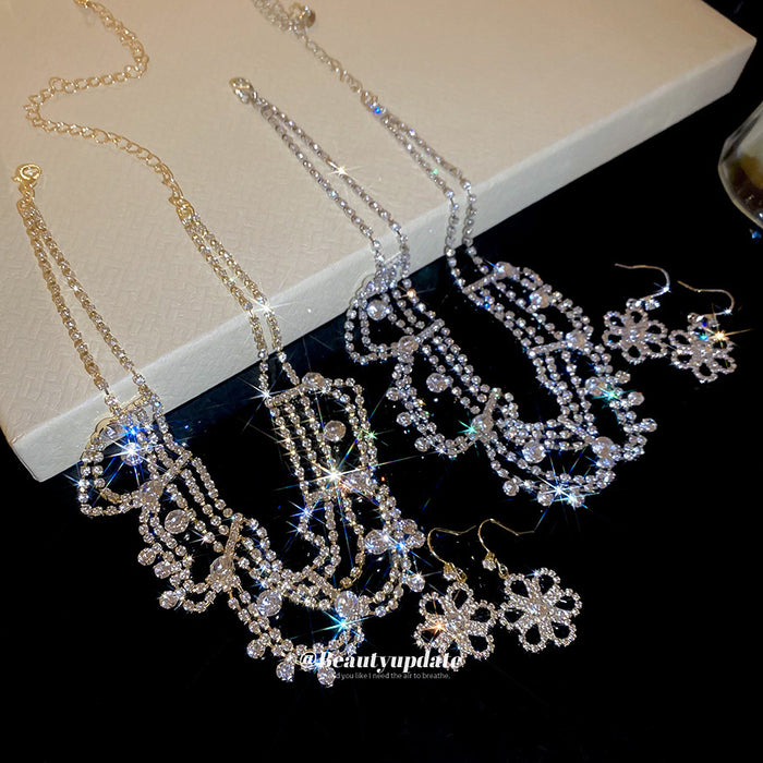 Multi Layer Rhinestone Bib Necklace Flower Hook Earring Sets