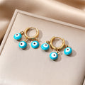 Gold Tone Triple Evil Eye Bead Huggie Drop Earrings in Five Colors view 2