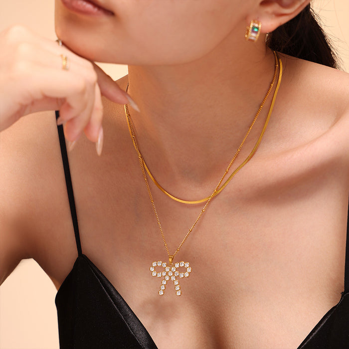 Bow Pendant Necklace Shell Beads Zircon Snake Chain Layers