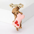 Brown Dog Gold Bow Brooch Holding Pink Heart Bone Pin view 6