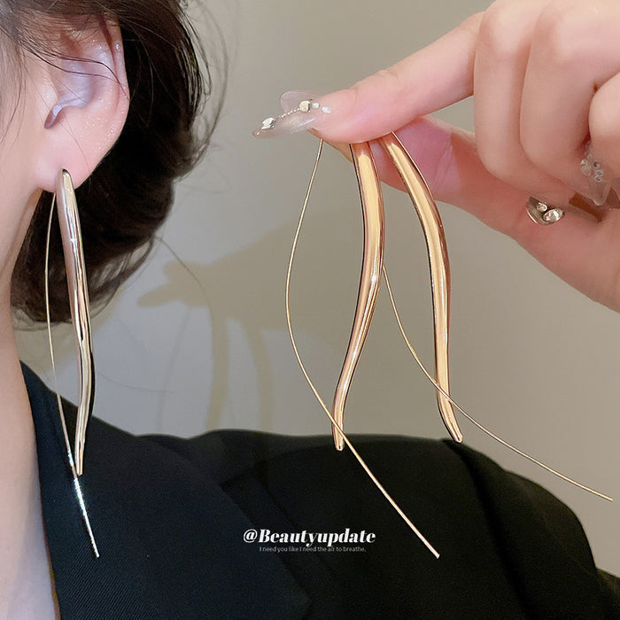 Long Curved Threader Drop Earrings in Gold and Silver Tone