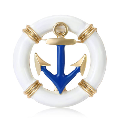 White enamel life buoy brooch with blue gold anchor front view