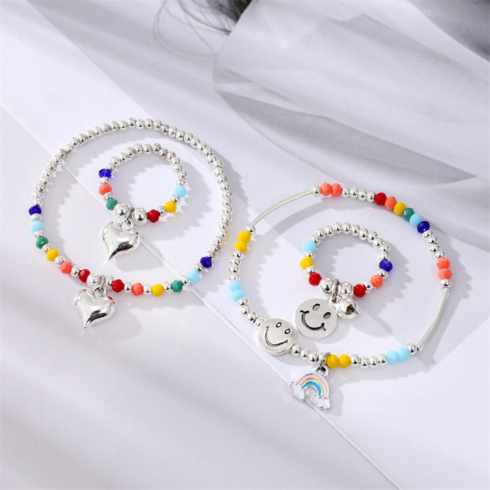 Silver Tone Colorful Bead Heart and Smiley Bracelets and Rings