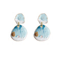 Gold Tone Aqua Ocean Scene Round Disc Drop Stud Earrings view 5