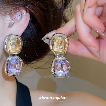 Champagne and Purple Double Gem Stud Earrings Statement Jewelry