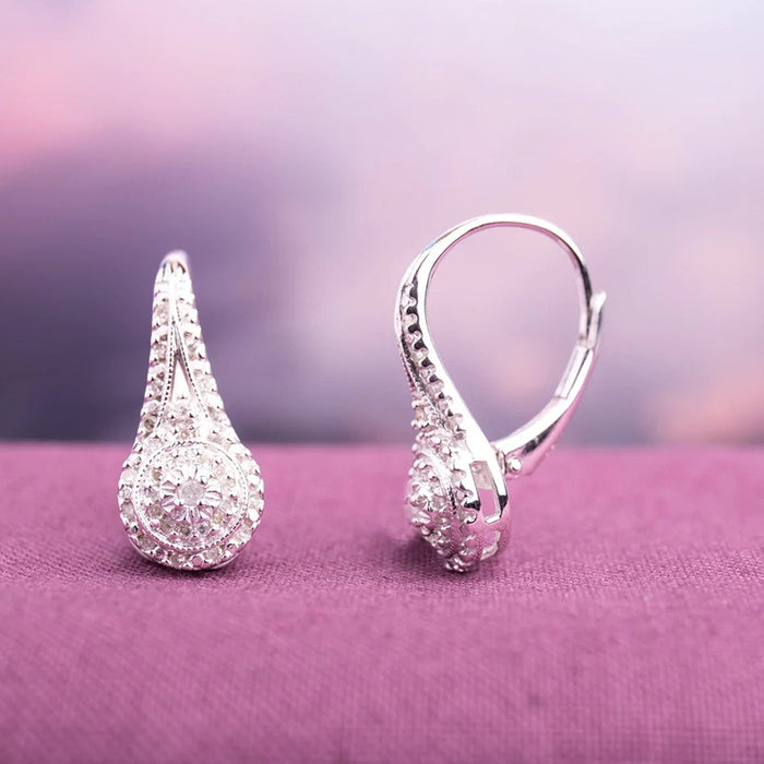 Silver Round Halo Clear Pave Leverback Earrings Alloy