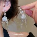 Gold Tone C Hoop Stud Earrings With Pearl And Chain Tassels view 4