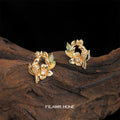Gold Bird Floral Wreath Stud Green Clear CZ Earrings view 4