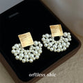 Gold Brushed Square Pearl Woven Fan Drop Stud Earrings view 4