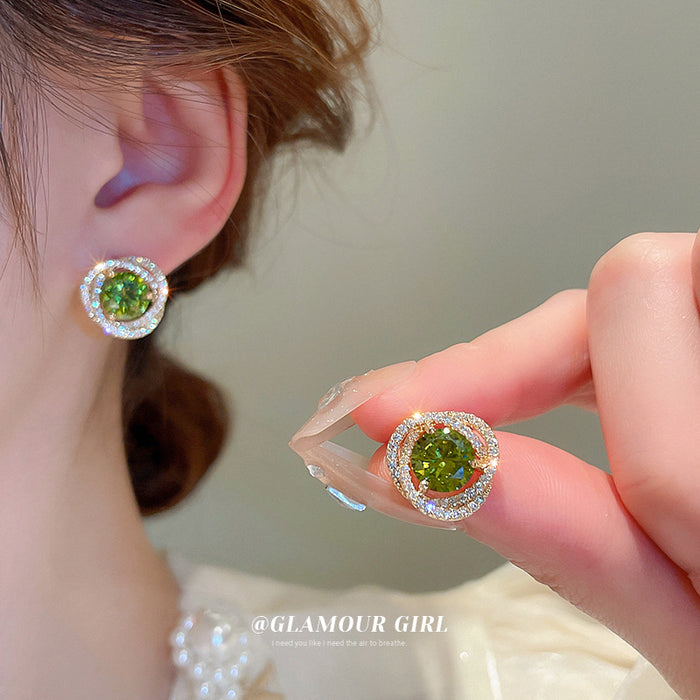 Green Crystal Halo Flower Stud Earrings Fashion Jewelry