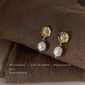 Gold Daisy Flower Stud Freshwater Pearl Drop Earrings view 4