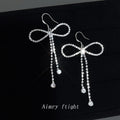 Silver Rhinestone Bow Dangle Earrings Dual Crystal Chains view 3