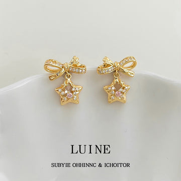 Gold Tone Clear Stone Bow And Star Drop Stud Earrings