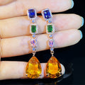 Gold Tone Multicolor Gem Linear Drop Earrings Amber Teardrop view 2