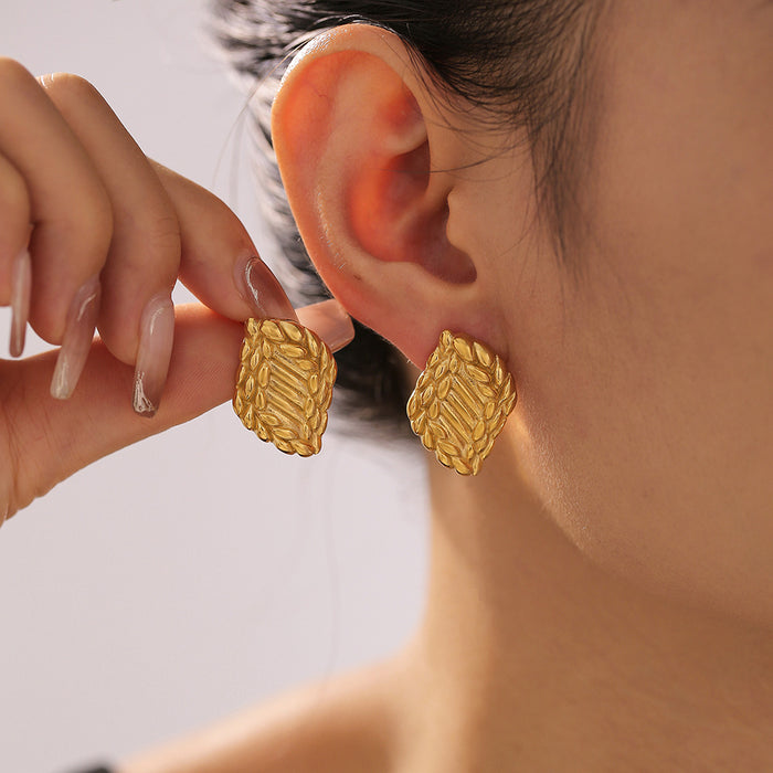 Wheat Leaf Texture Stud Earrings Gold And Steel Metal Finish