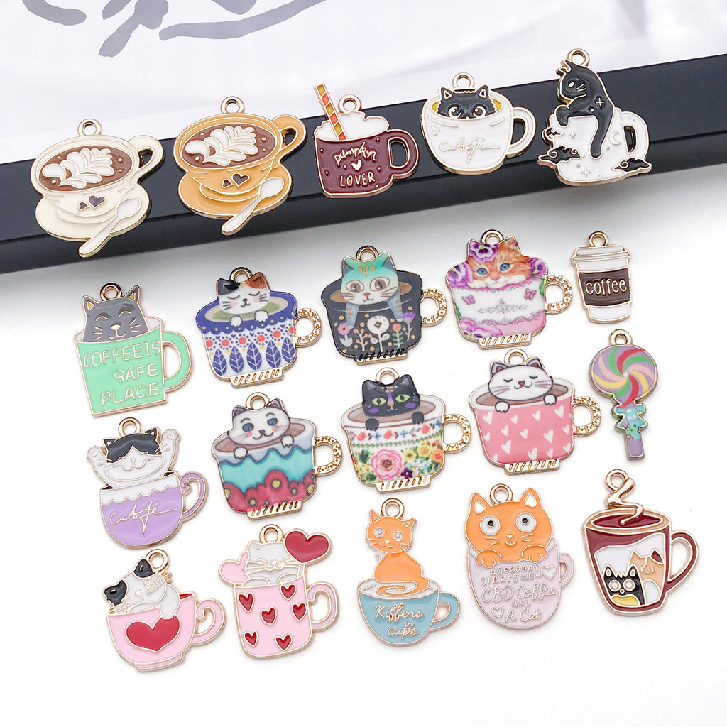 Enamel Zinc Alloy Coffee Cup Cat Milk Tea Cup Charm Pendant for Earrings DIY