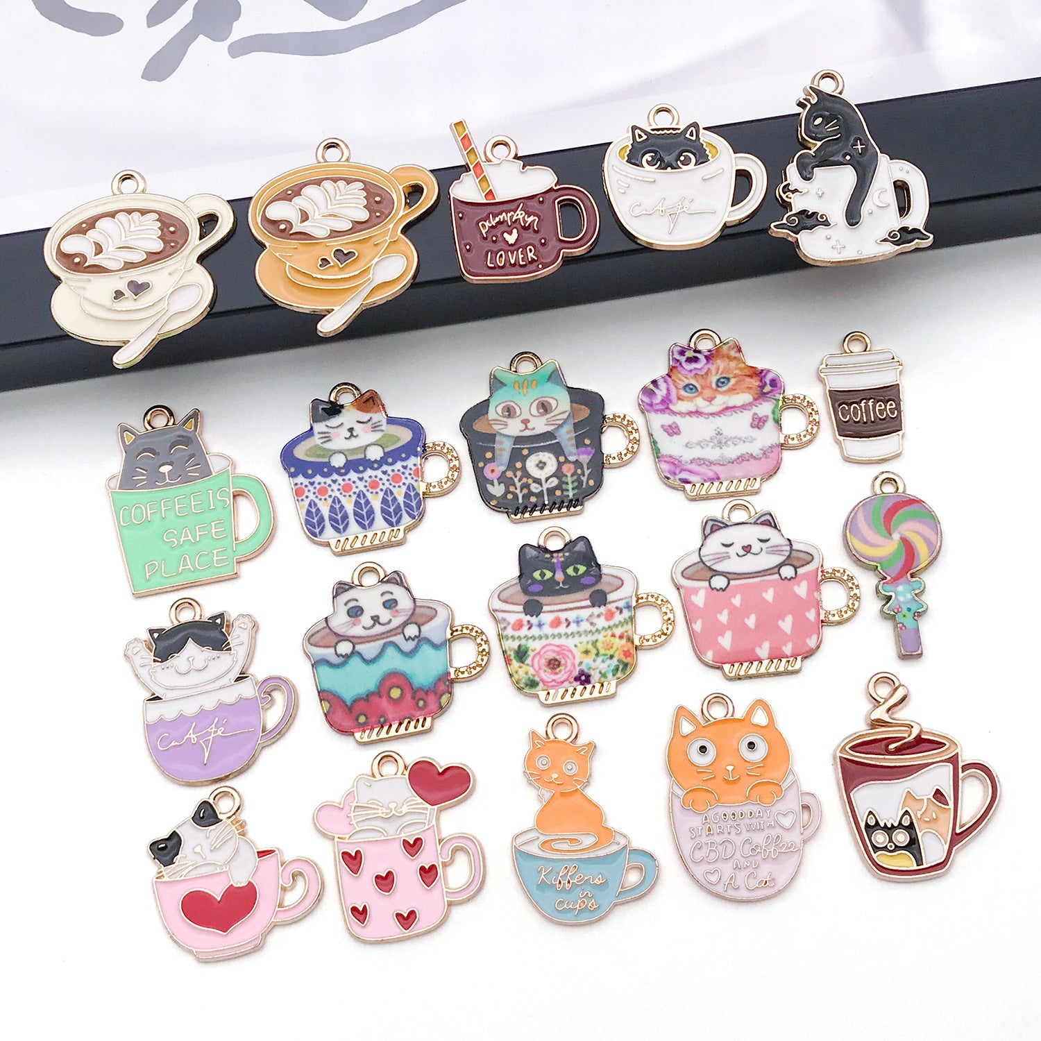 Enamel Zinc Alloy Coffee Cup Cat Milk Tea Cup Charm Pendant for Earrings DIY