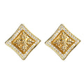 Gold Tone Clear Stone Square Frame Engraved Floral Stud Earrings view 5