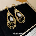 Layered Teardrop Wire Earrings with White Pearl Look Drops view 4