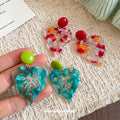 Translucent Leaf Drop Earrings with Bright Green or Red Round Studs view 2