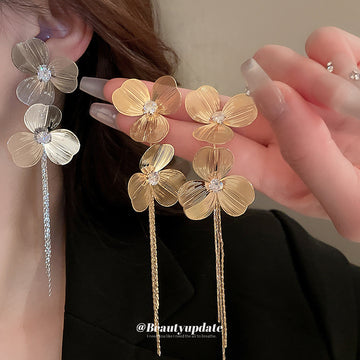 Layered Flower Chain Drop Earrings in Gold and Silver Tones