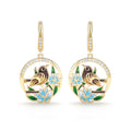 Gold Tone Enamel Bird Floral Circle Drop Leverback Earrings view 1