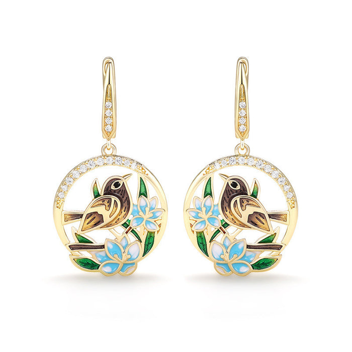 Gold Tone Enamel Bird Floral Circle Drop Leverback Earrings
