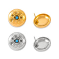 Gold Steel Sun Circle Stud Earrings Blue Oil Drip Center view 5