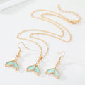 Gold Tone Aqua Glitter Mermaid Tail Necklace and Hook Earrings view 5