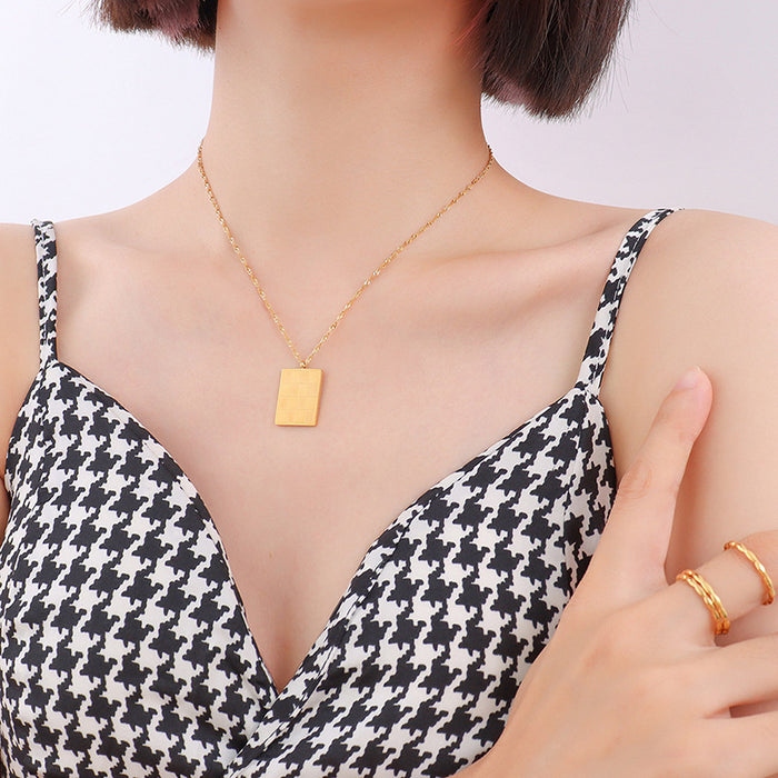 Gold Checkerboard Square Pendant Necklace Twisted Rope Chain