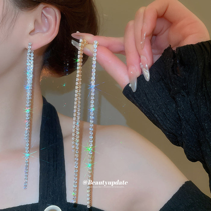 Long Silver Tone Crystal Chain Statement Tassel Earrings