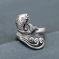 Antique Silver Open Adjustable Koi Fish Wave Ring Metal view 1